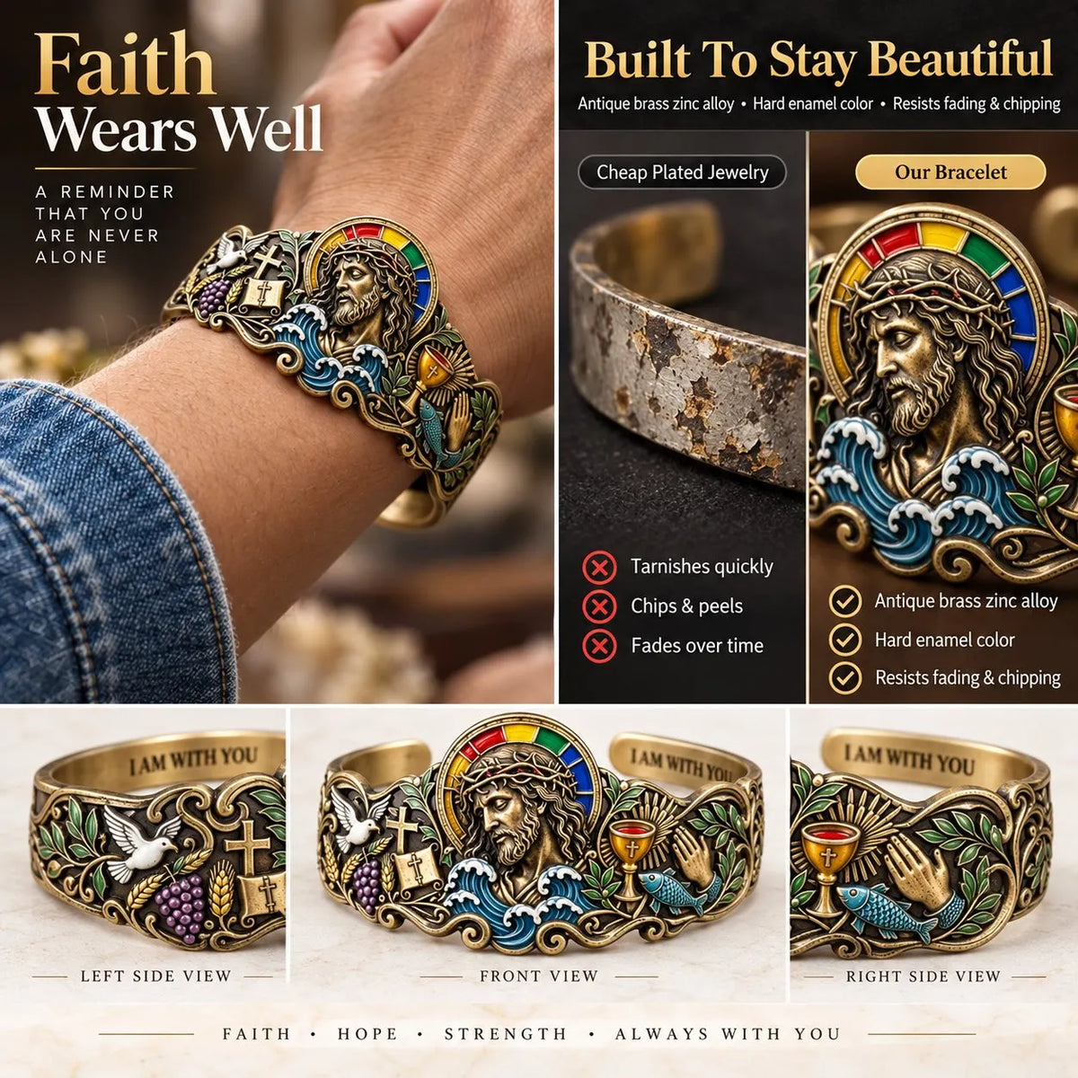 🔥HOT SALE🔥✝️Faith Inspired Jesus Cuff Bracelet | Antique Brass With Scripture Message