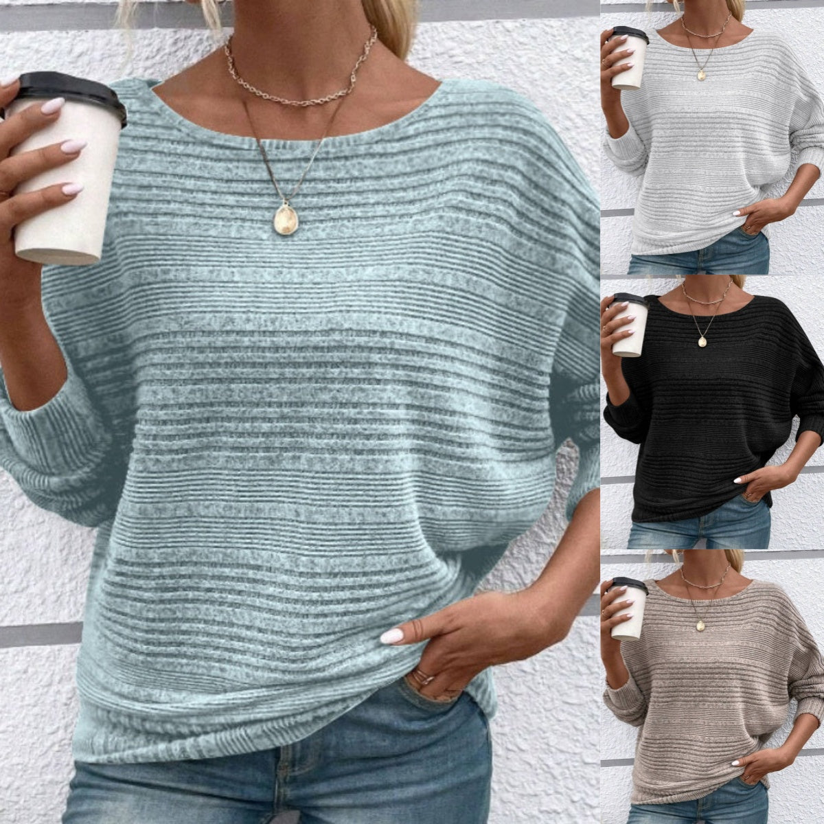 🌹Solid Round-Neck Striped Top with Long Sleeves