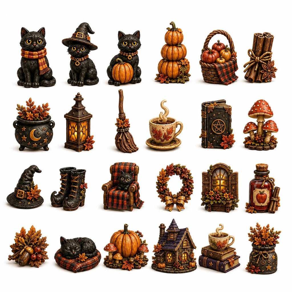 24 Cozy Witchy Miniatures, Black Cat Collectibles & Magical Fall Cottage Surprises, Acrylic Charms Blind Box