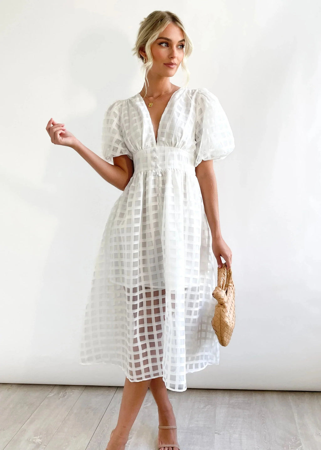 🔥🔥 Beauty Square Patterned Fabric Puff Sleeve Midi Dress