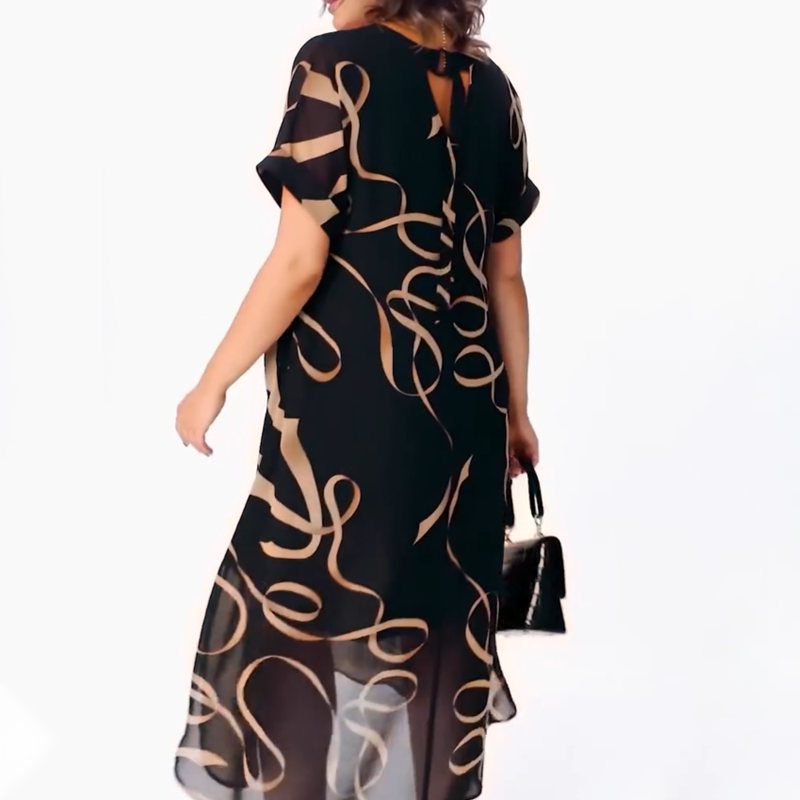 ❄️👗Elegante Vloeiende V-Hals Midi-Jurk – Luchtige Zwarte Jurk met Lintprint, Zijsplit en Comfortabele Pasvorm S-5XL