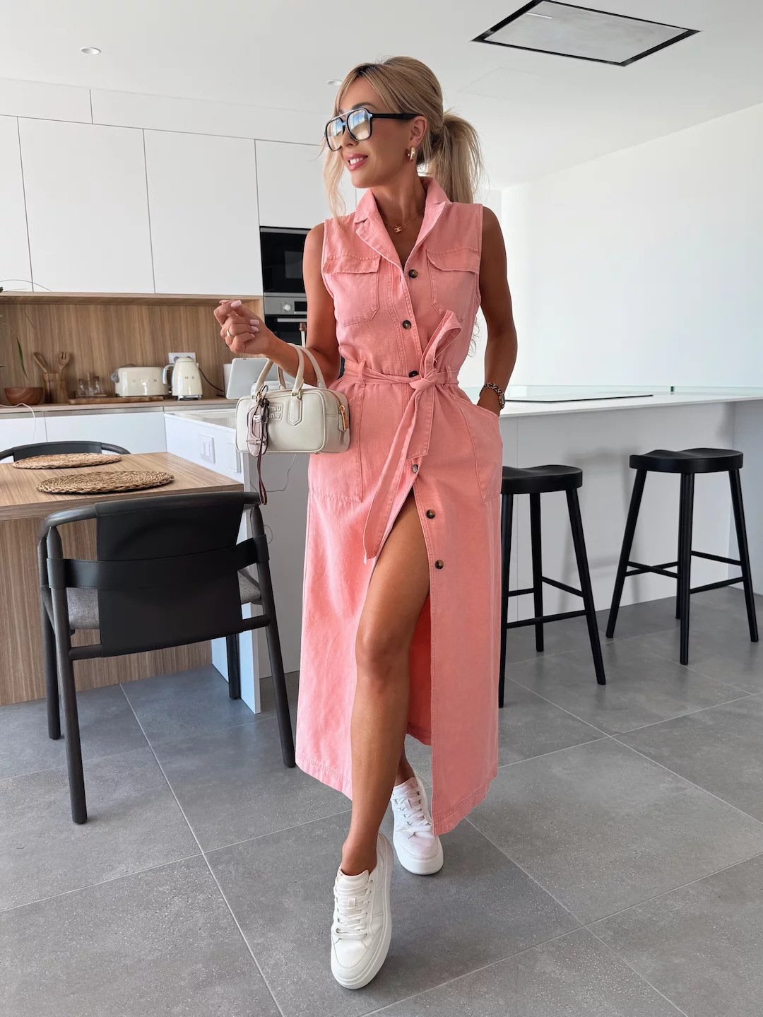 Solid Button Pocket Denim Dress