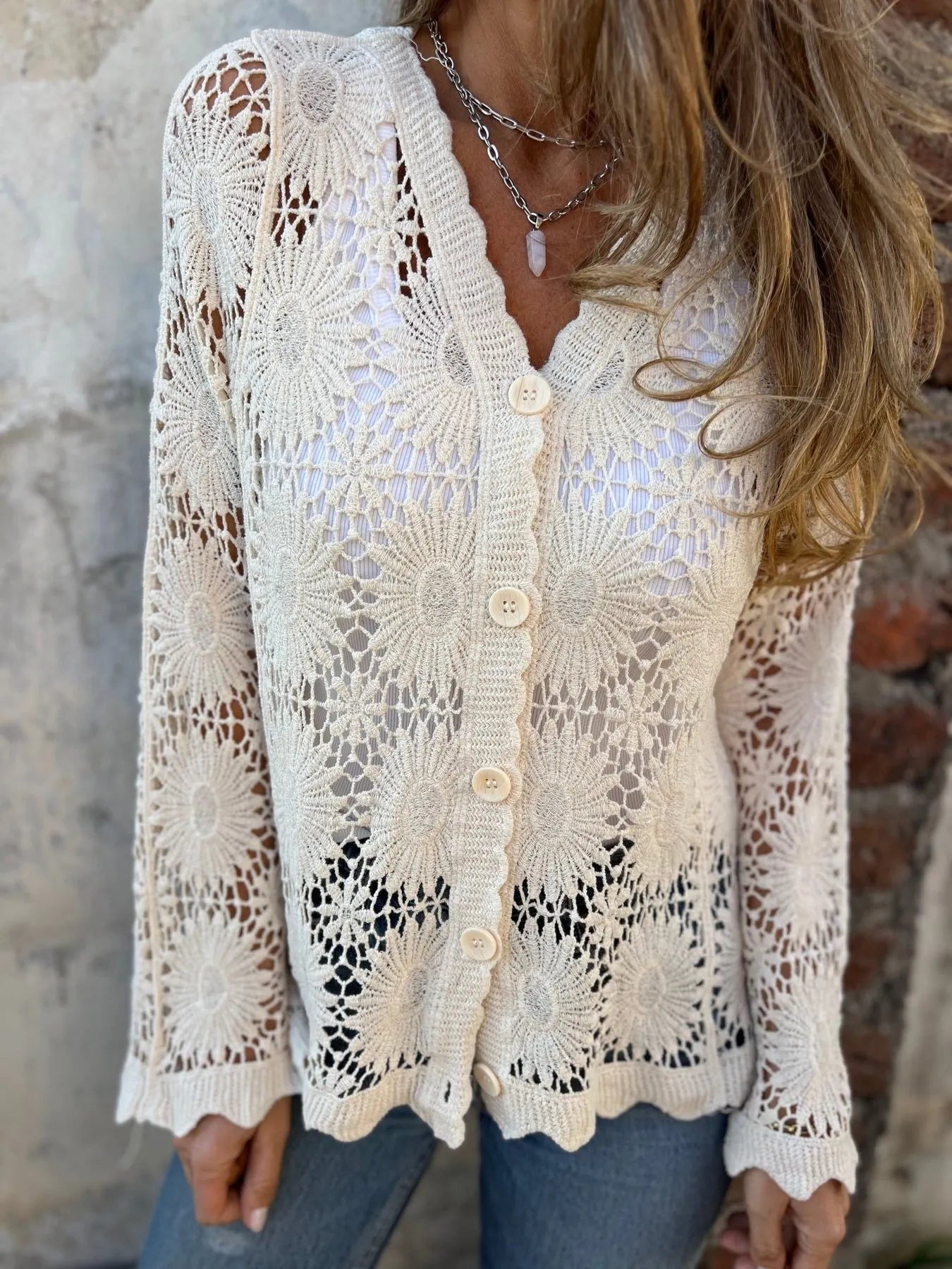 Cutout Embroidered V-Neck Button Long Sleeve Top
