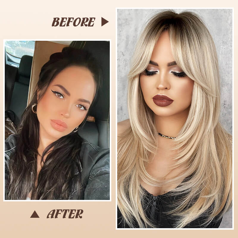 💕Wig long hair Layered bangs wigs