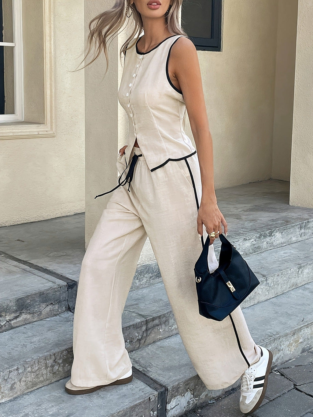 ⌛Women's Contrast Binding Sleeveless Tank & Drawstring Waist Pants Two-piece Set