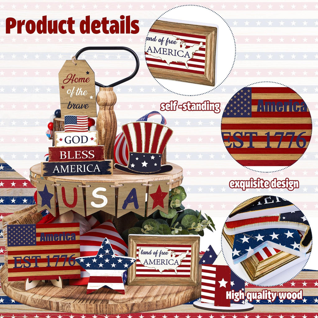 12 pieces of patriotic farmhouse layered tray decoration set July 4th, God bless America