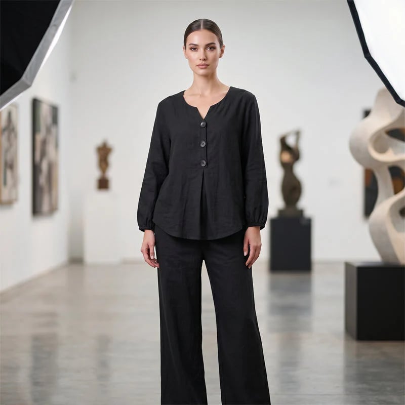 🌿Women's Cotton-Linen V-Neck Long Sleeve Top & Pants Set