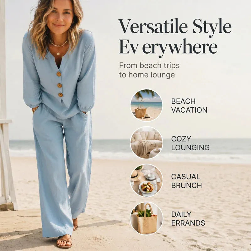 🌿Women's Cotton-Linen V-Neck Long Sleeve Top & Pants Set