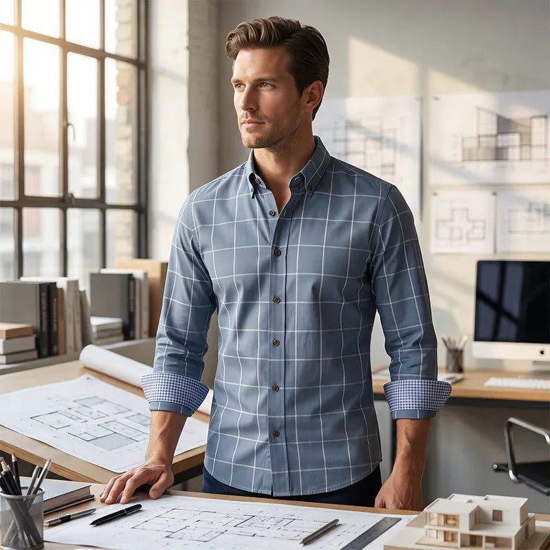 👔  NOW! ⏰ Men's Modern Fit Windowpane Shirt – Tailored cut, breathable cotton & classic check – perfect for office, smart casual or summer events ✨