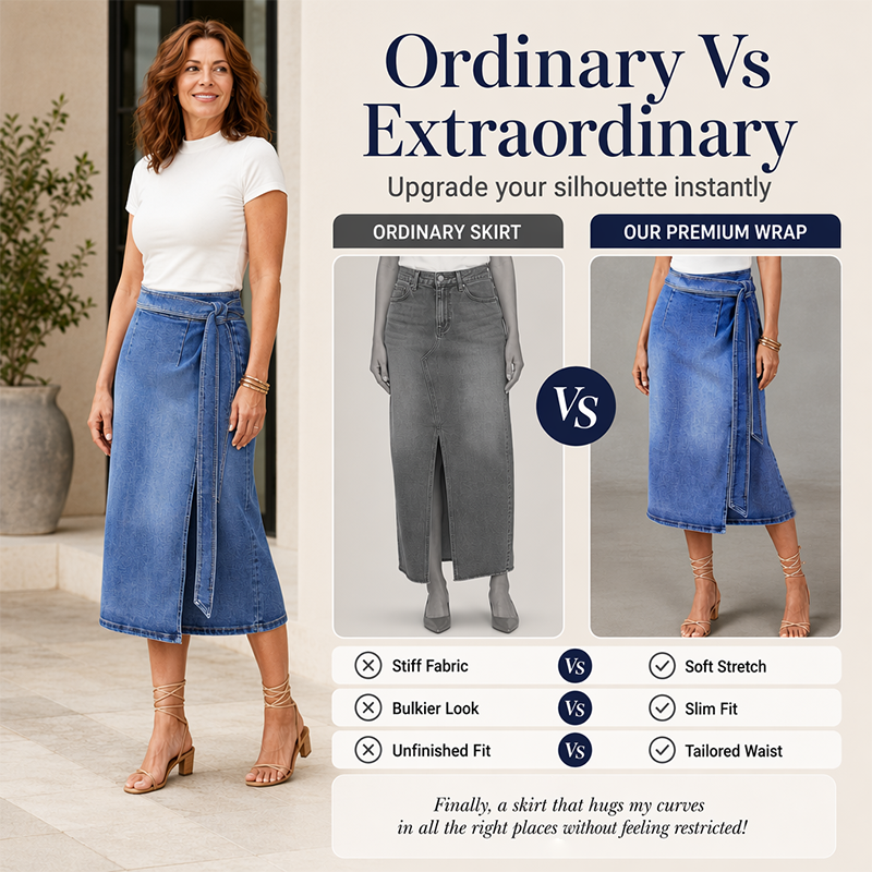 ✨Fresh Drop - Vintage Denim Wrap Skirt – Adjustable Side-Tie Closure & Versatile Midi Length for Day-to-Night