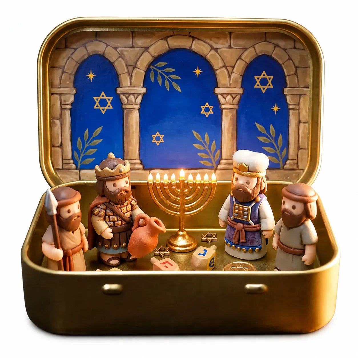 🔥HOT SALE🔥Council by Candlelight - A Miniature Hanukkah Menorah Diorama in a Golden Keepsake Tin