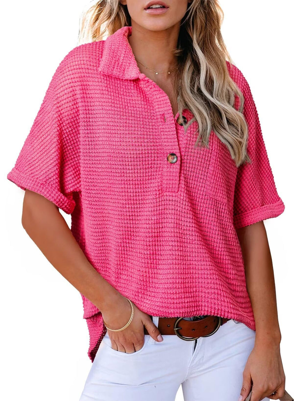 🔥WOMEN'S WAFFLE KNIT SHORT SLEEVE TUNIC HENLEY TOP