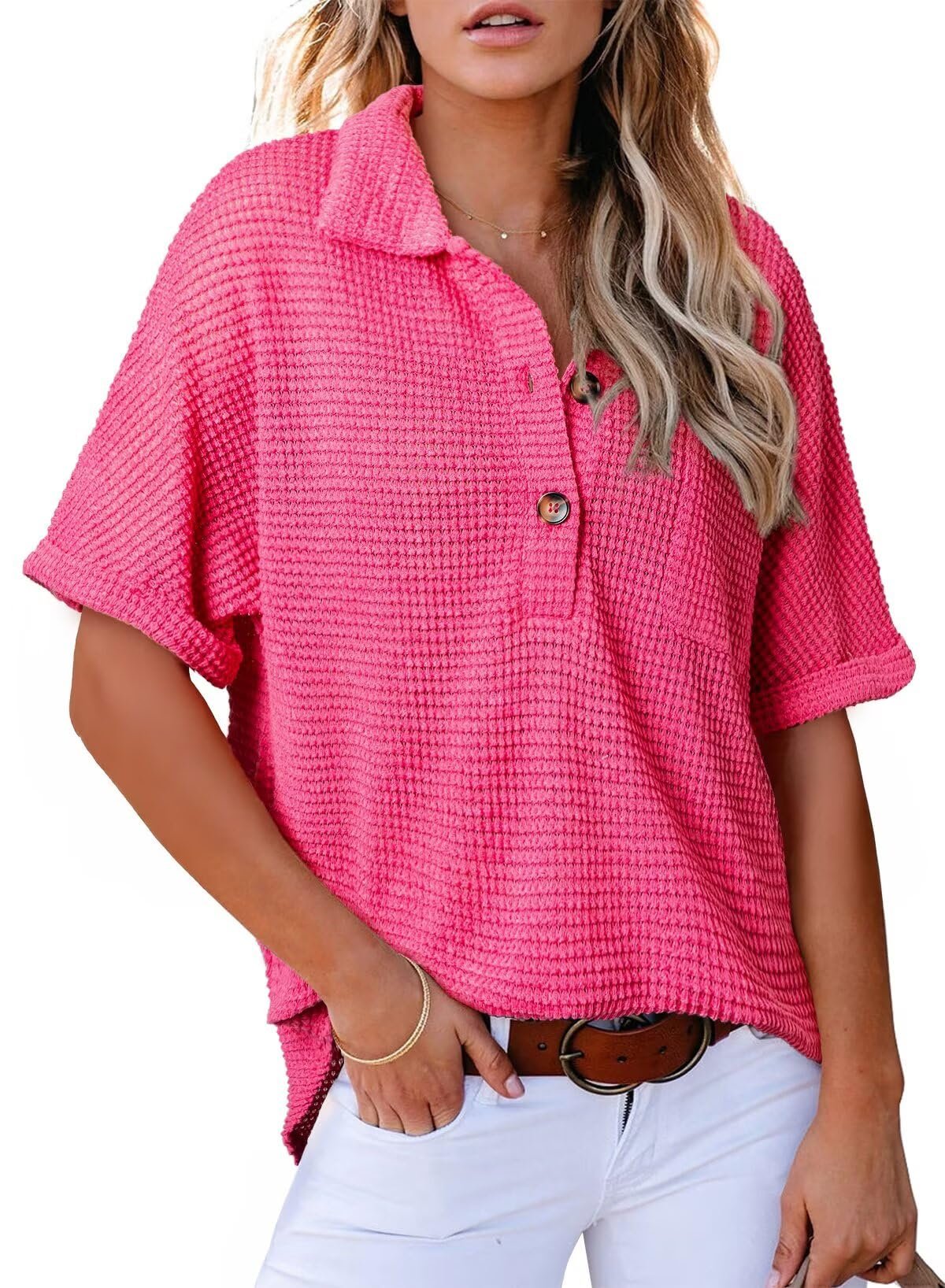 🔥WOMEN'S WAFFLE KNIT SHORT SLEEVE TUNIC HENLEY TOP