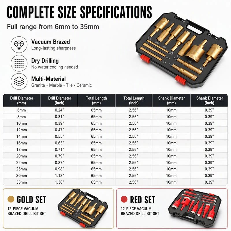 🎉⏳🔥⏰12-Piece Dry Diamond Tile Hole Saw Kit (6-35mm)