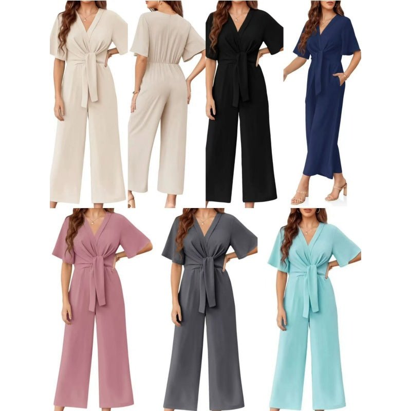 ✈️Women's Elegant V-Neck Wide Leg Waist Tie Jumpsuit
