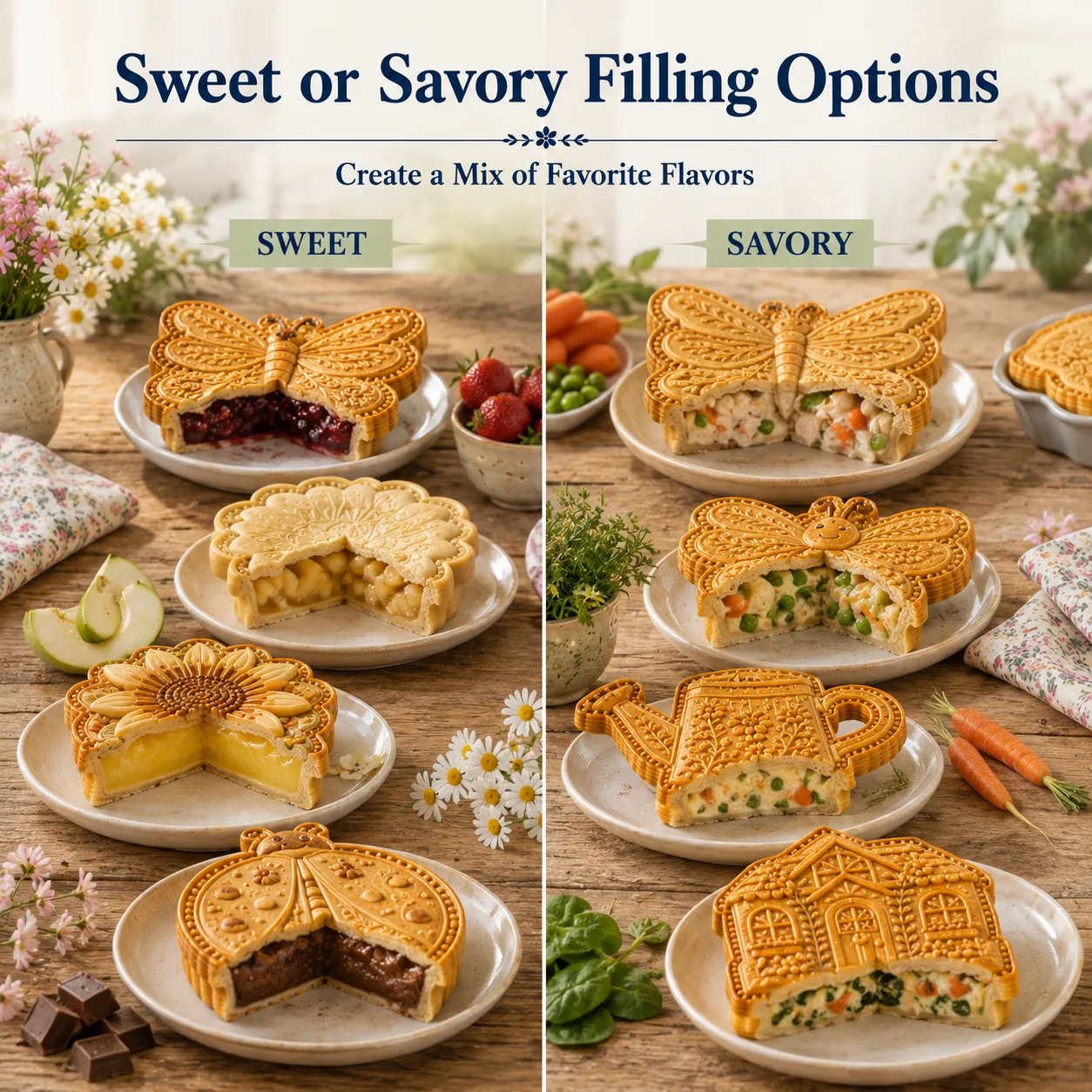 ⏳🌸 8-Design Spring Garden Mini Pie Mold Collection | Reusable Embossed Molds for Shaping Detailed Bee, Butterfly, Ladybug, Sunflower, Cottage & More