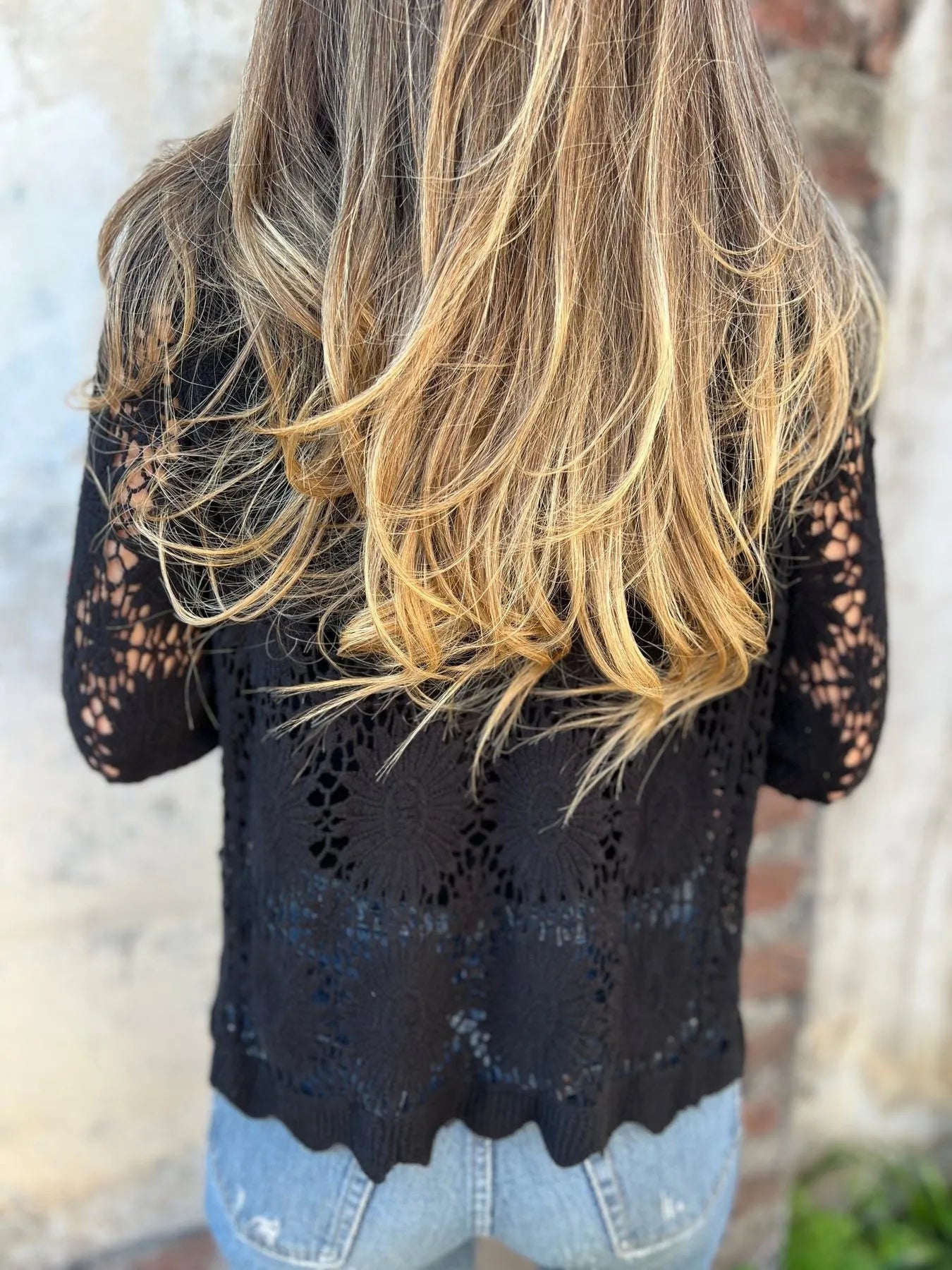 Cutout Embroidered V-Neck Button Long Sleeve Top