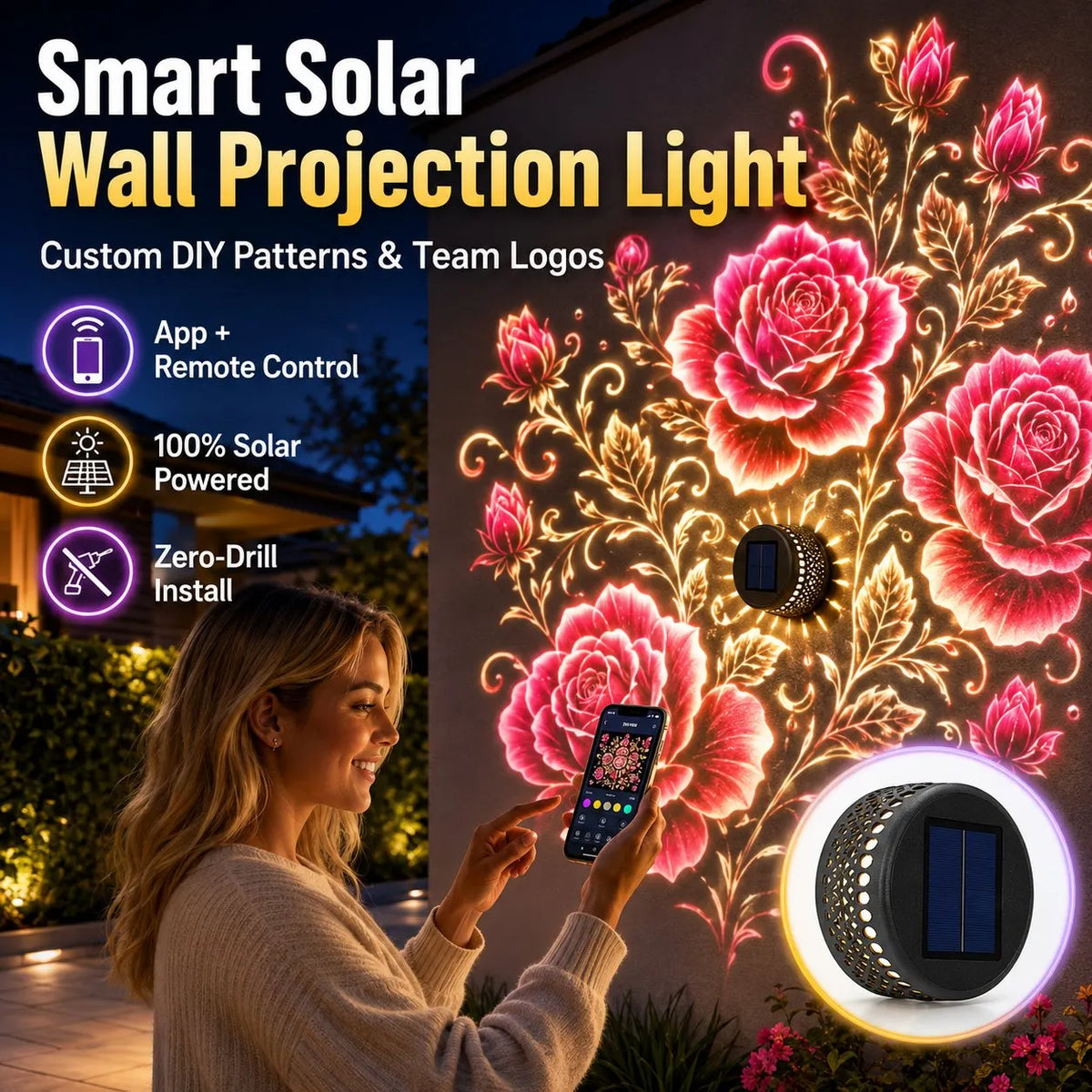 🔥HOT SALE🔥✨Smart App-Controlled Solar Wall Projection Light (Custom DIY Patterns & Team Logos Edition)