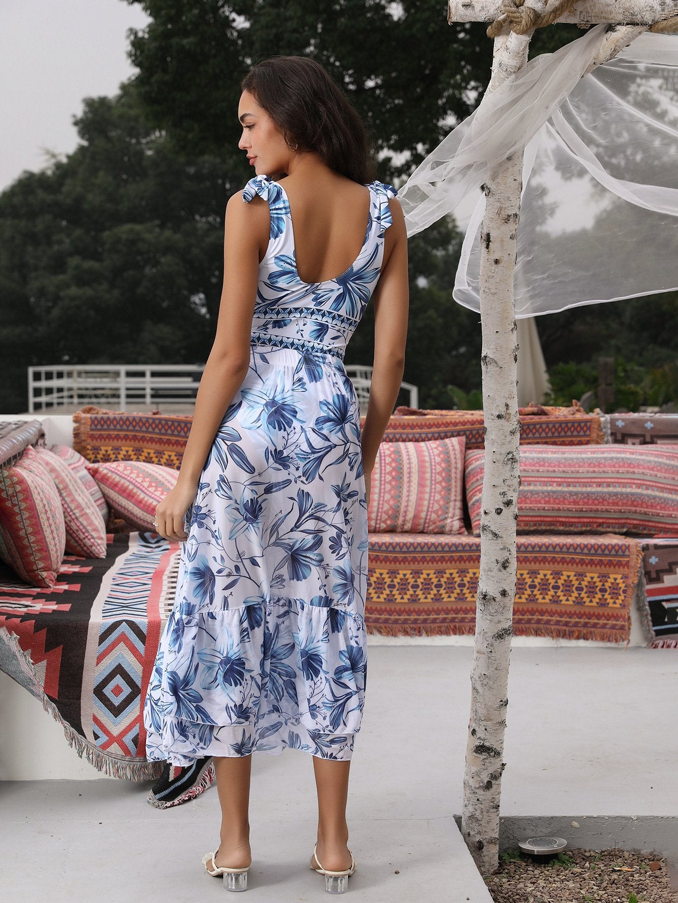 V Neck Lace Up Strip Plant Prints One Piece Swimsuit and Skirt/Sarong