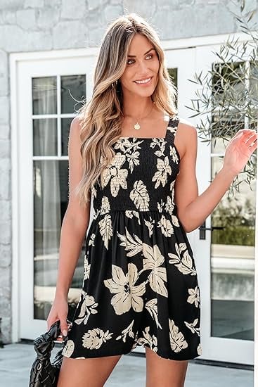 💃Women's Summer Square Neck Sleeveless Loose Casual Short Smocked Romper