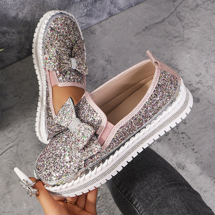 Rhinestone Bow Round Toe Slip-Ons main image 1