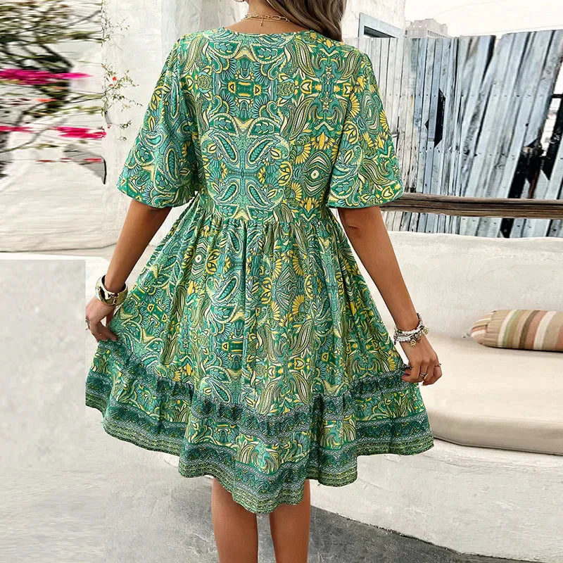 👗Women’s Flower Print V Neck Short Sleeve Mini Dress
