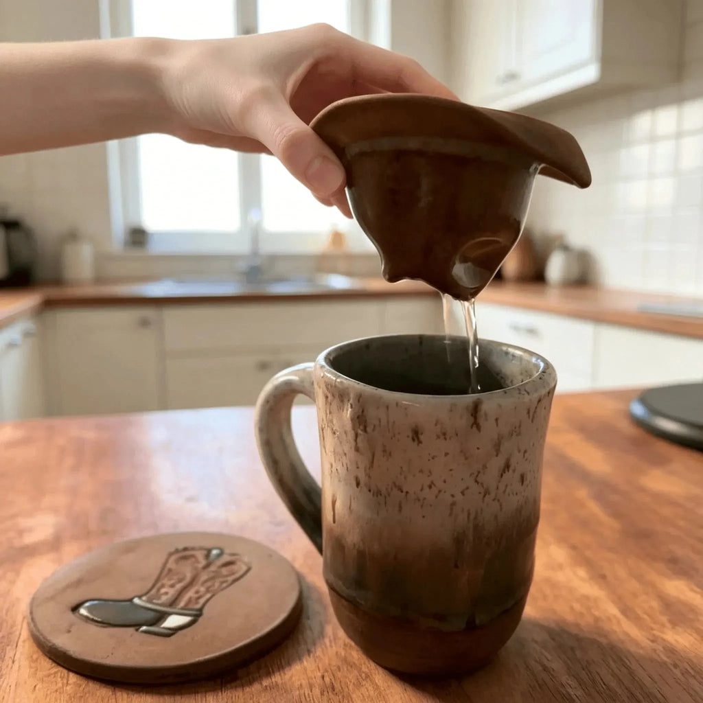 🎉| Western Handmade Cup with Hat Tea Strainer & Cowboy Boot Coaster, Rustic Farmhouse Gift