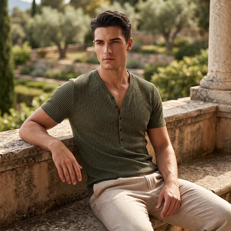 ⏰Men's Spring Textured Dual-Color Striped V-Neck Tee 👕 Bold Stripes, Deep V – A Modern Athletic Fit for Training & Beyond ✨