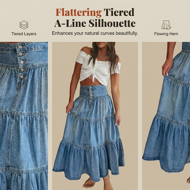 👗 ✨ Denim Maxi Skirt – High Waist, Tiered, A-Line, Button Front ✨