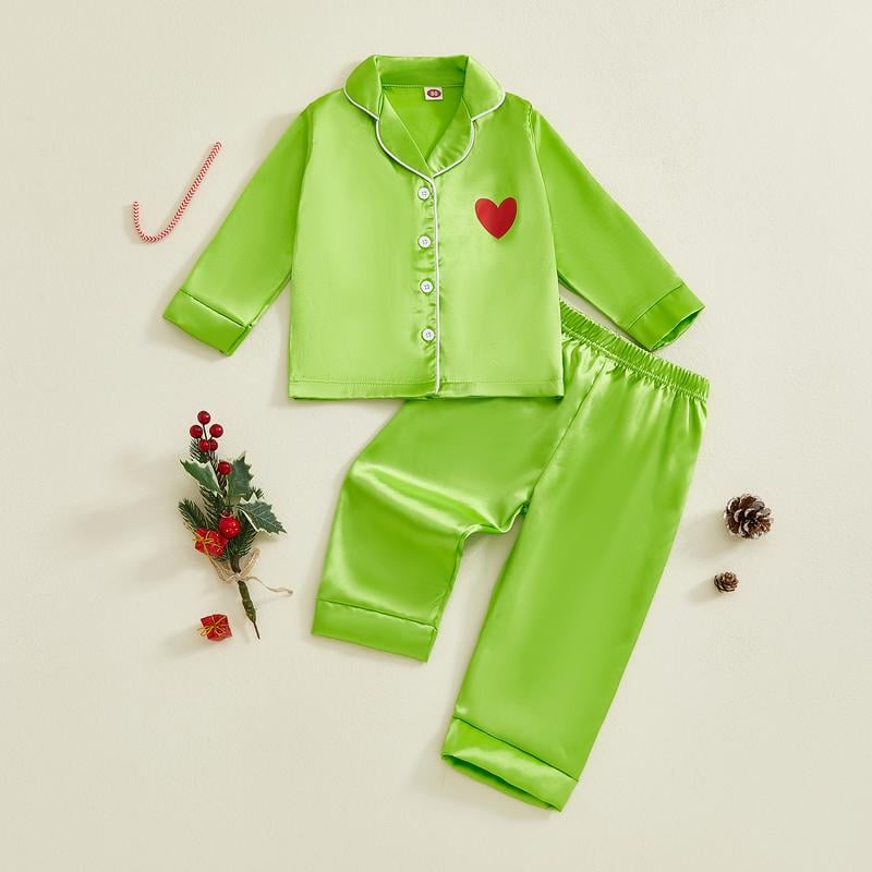 Holiday Matching Family Pajamas 🌲💝 Green Satin Silk Button-Down Shirts