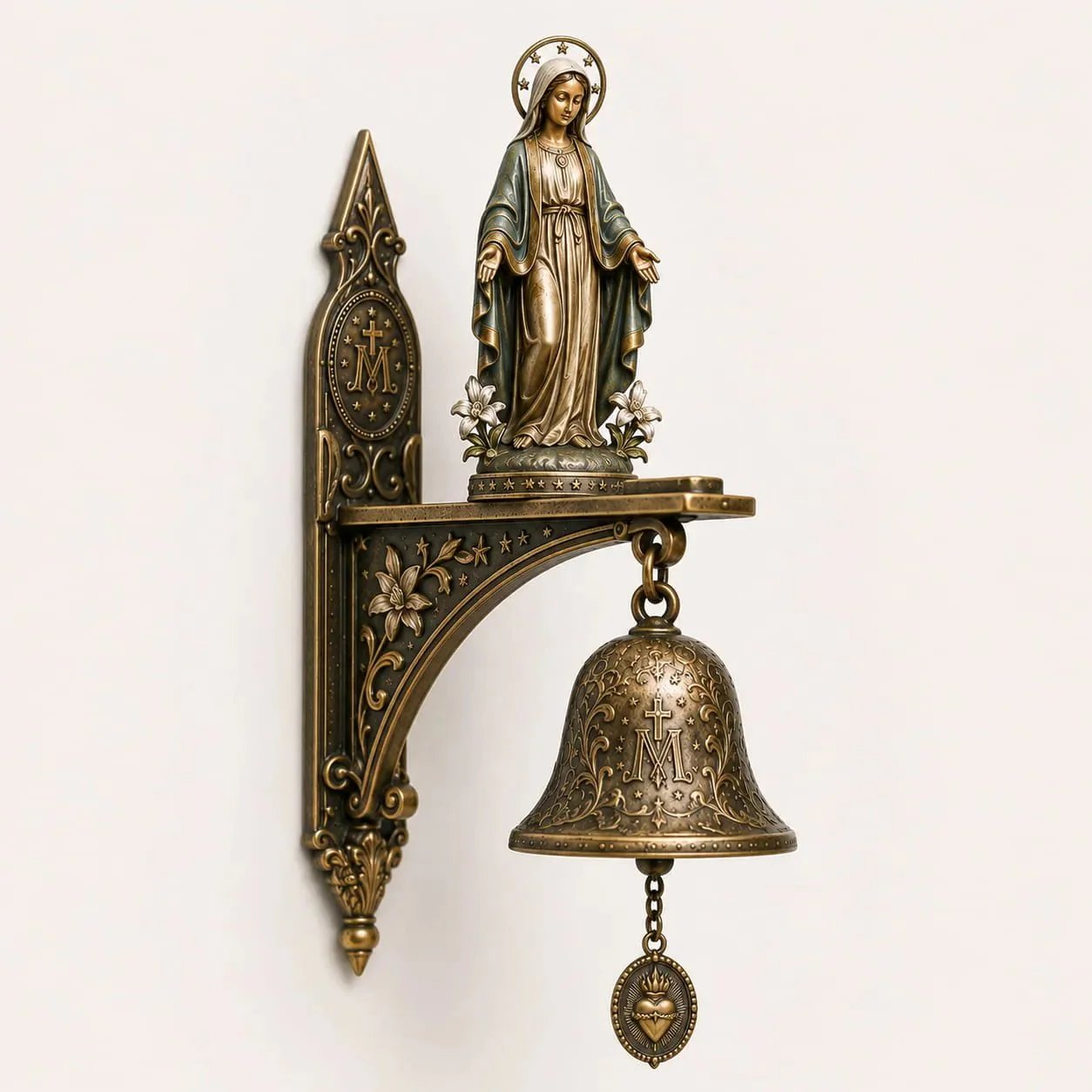✨ Our Lady of Grace Bronze Miraculous Medal Wall Bell | 🙏Catholic Religious Home & Garden Decor"