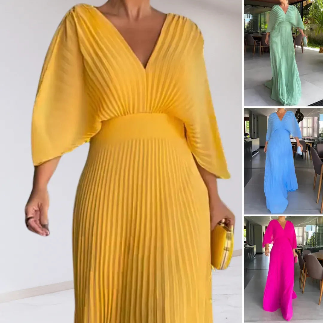🔥✨Pleated Batwing Sleeve Waist-Cinching Dress