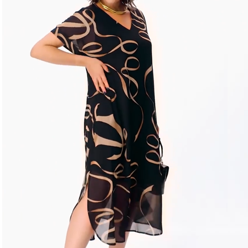 ❄️👗Elegante Vloeiende V-Hals Midi-Jurk – Luchtige Zwarte Jurk met Lintprint, Zijsplit en Comfortabele Pasvorm S-5XL