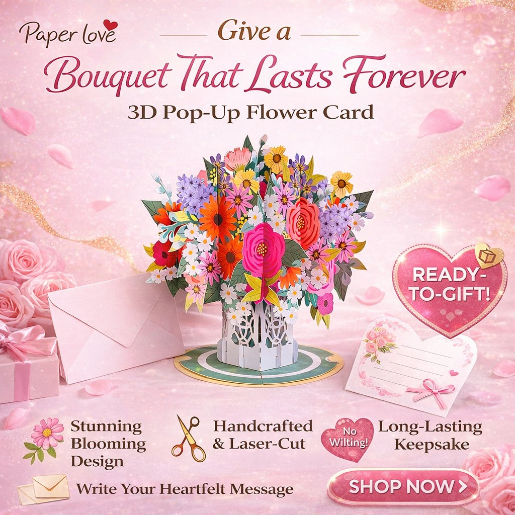 Paper Love 3D Pop-Up Valentine’s Card 🌹 Romantic Flower Bouquet Keepsake 💌 Perfect Gift for Loved Ones 🎁