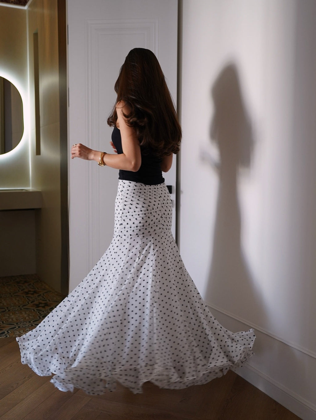 White & Black Polka Dot Floor-length Chiffon Skirt