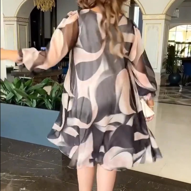 💥Round Neck Long Sleeve Printed Flowy Dress