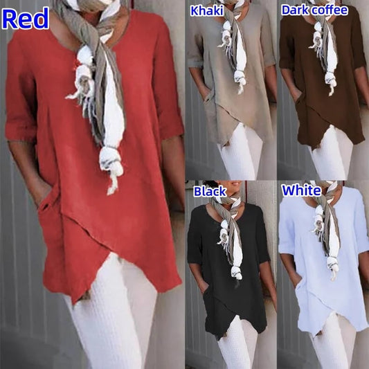 spring fashion solid color cotton linen pocket Tops