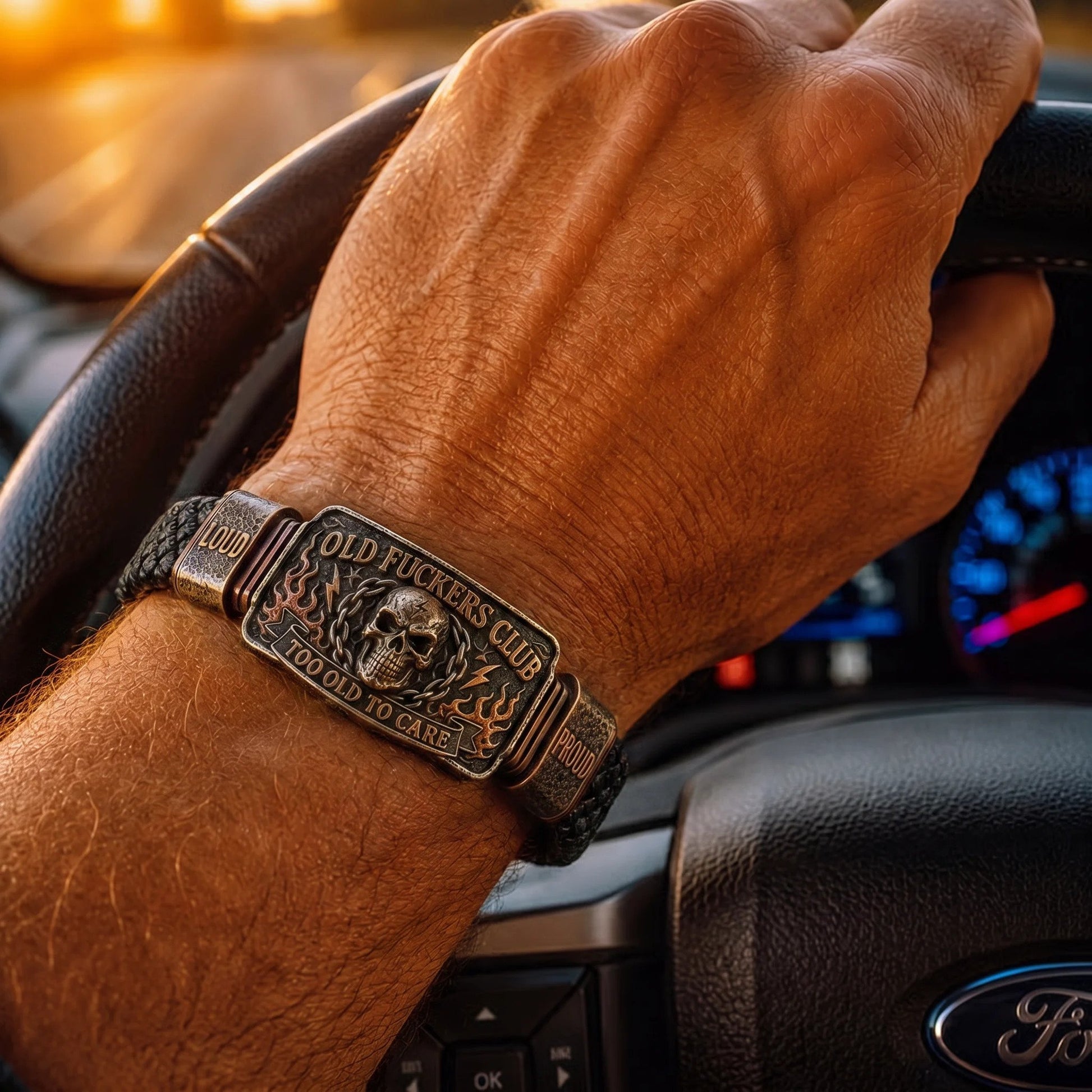 🔥💀Old Fuckers Club Men's Vintage Skull Flame Biker Braided Bracelet Gift Set