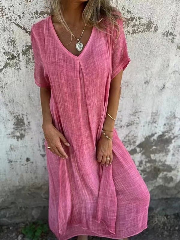 👗Cotton and Linen V-neck Midi Dress