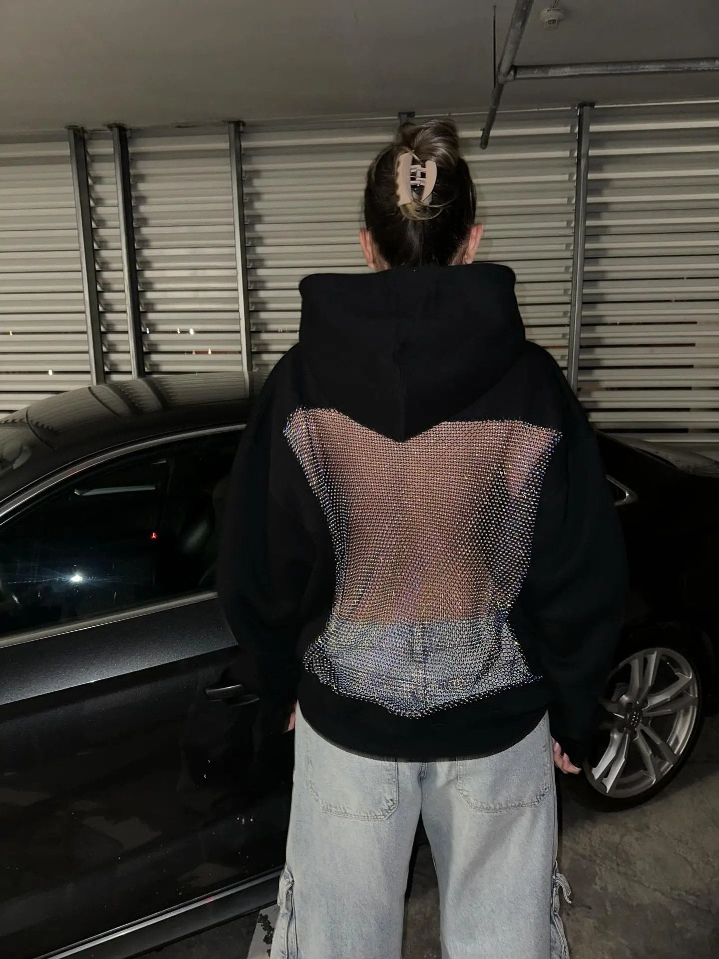 🔥Sparkly Mesh Open-Back Hoodie – Shine with Every Move✨