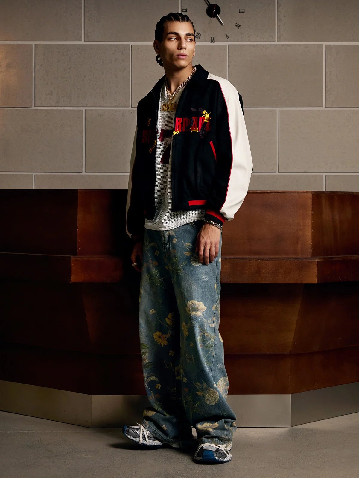 Denim Floral Print Carpenter Jeans