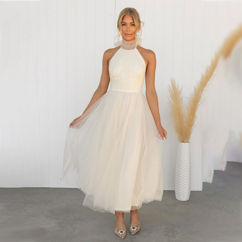 🎁⏳Halter Sleeveless Solid Color Mesh High Neck Dress