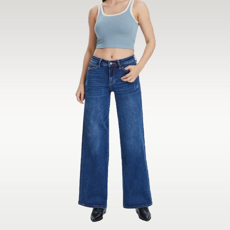 New Mid-Low Rise Tummy Control Curve-Hugging Plus Size Stretch Distressed Wide-Leg Jeans