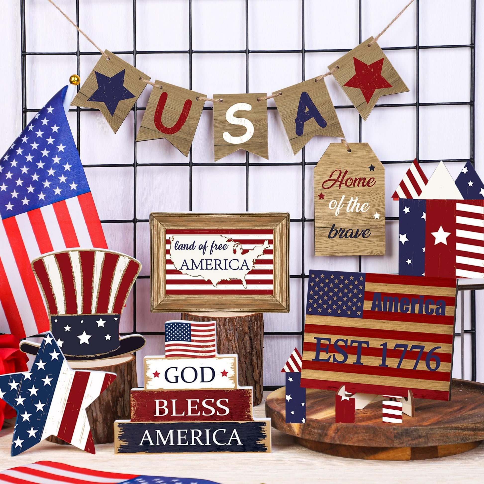 12 pieces of patriotic farmhouse layered tray decoration set July 4th, God bless America