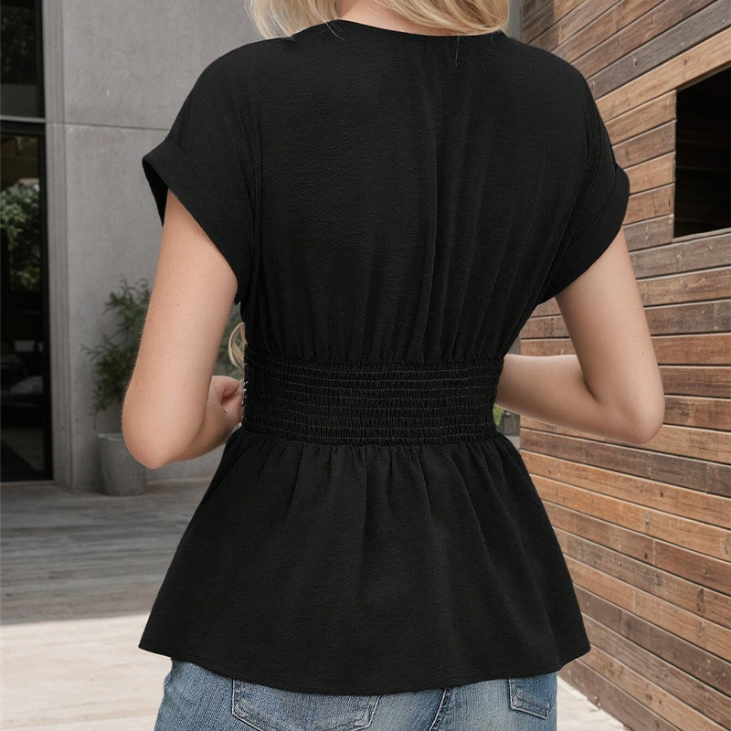 🔥Women's V-neck Waist-slimming Solid Color Plunging Sleeve Skirt Pleated T-Shirt
