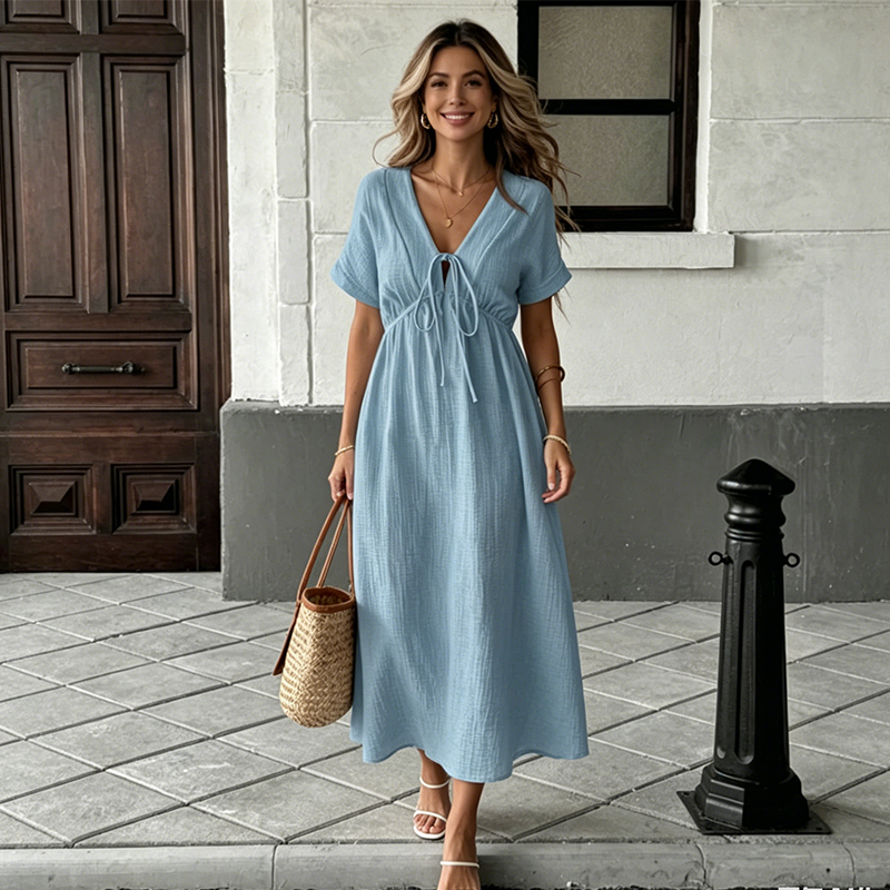 📢📢⏰Women's Summer V-Neck Tie-Front Midi Dress