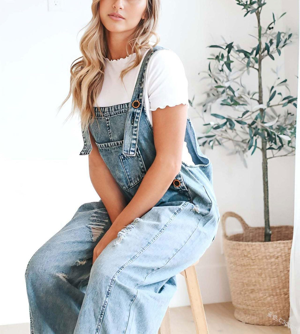 💓Women's Cute Casual Button Jumpsuit Ripped Denim Overalls