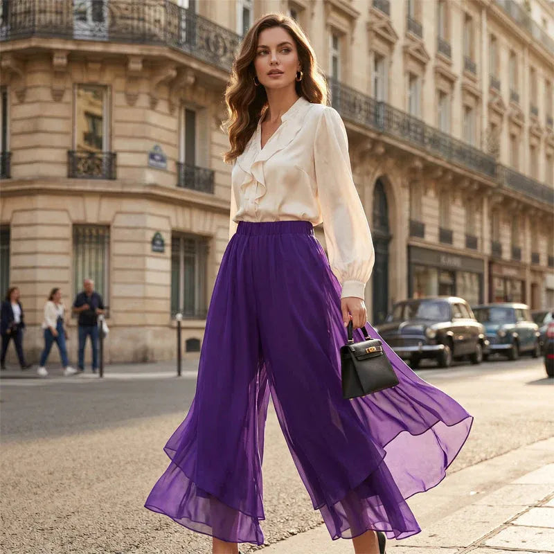Women's Asymmetrical Chiffon Wide-Leg Pants