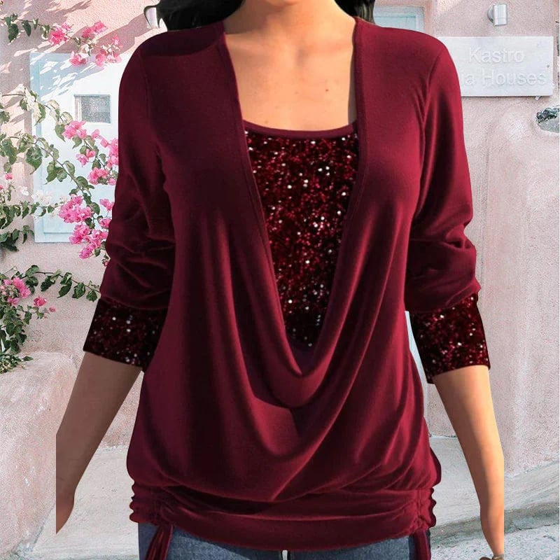 Sequin Loose Smocked Fake Two-Piece Top