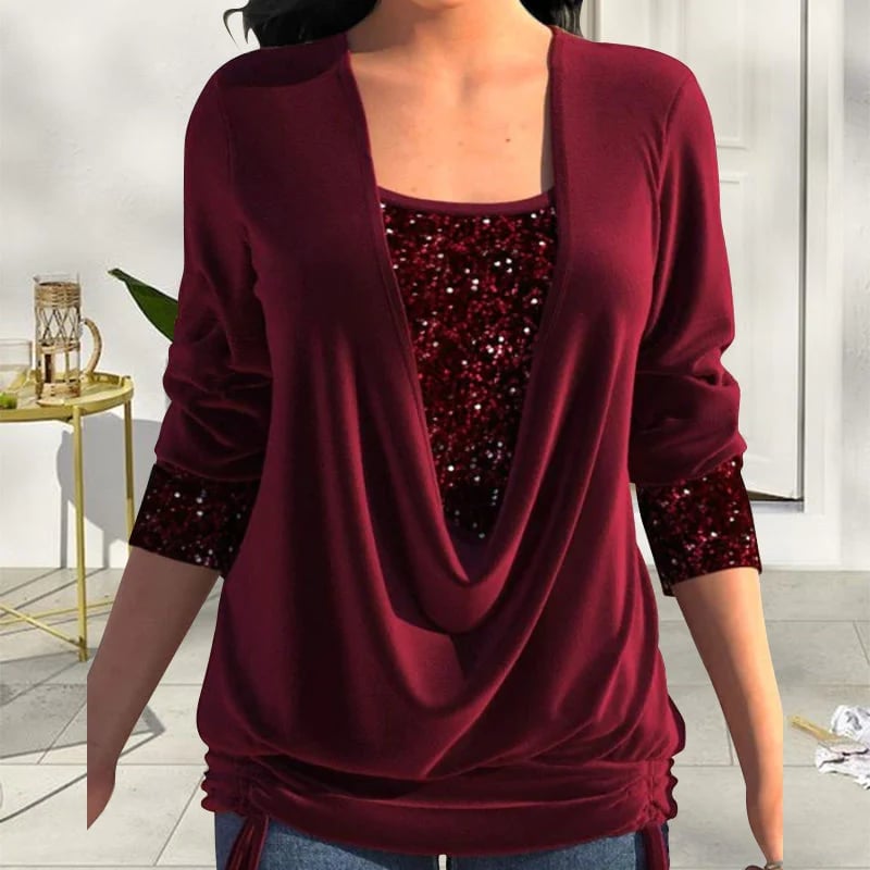 Sequin Loose Smocked Fake Two-Piece Top